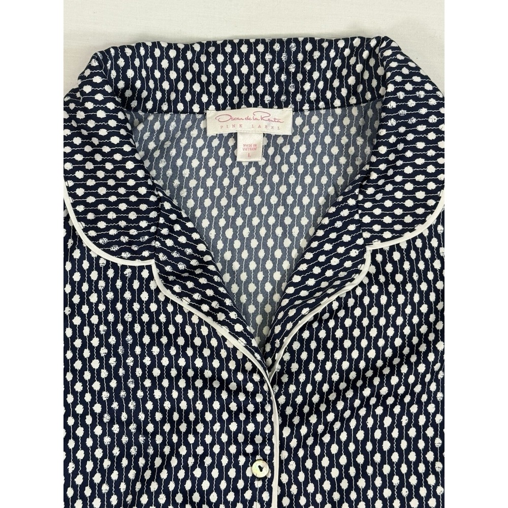 Y2K Oscar De La‎ Renta Pink Label Womens Navy Blue Pajama Top Shirt Sz Large